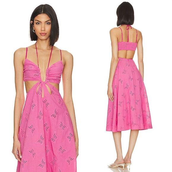 Lovers And Friends X Jetset Christina Farrah Midi Pink Dress Butterfly Size XL - Picture 1 of 12